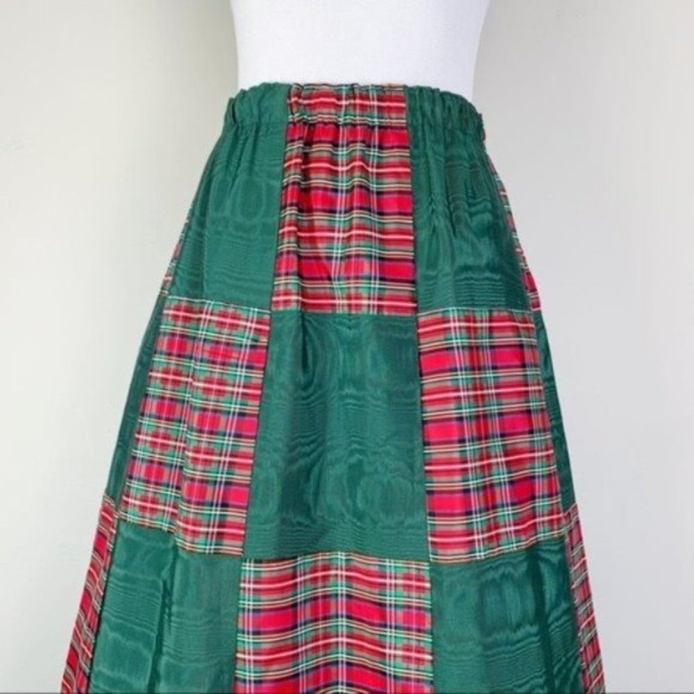 Vintage 70s Green & Red Plaid Satin Patchwork Maxi A-Line Skirt by Mr. Hank - Picture 3 of 8